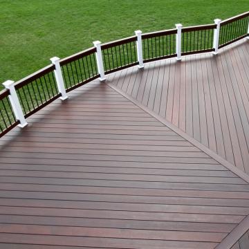 Multi-angle brown deck with white posts and black railings
